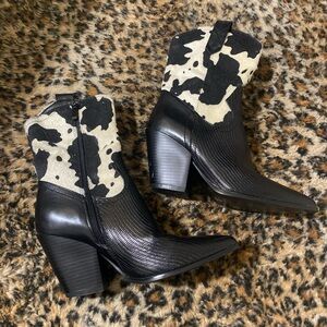 Nasty Gal Black and Cream Cow Print Heeled Boots